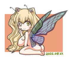 1girls 2022 ass blonde_hair blush butterfly_wings completely_nude_female eyepatch fairy female huge_breasts itini-sanshi kirakishou long_hair looking_at_viewer nude_female rozen_maiden sideboob smile solo yellow_eyes yellow_hair