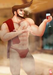 balls bara beard body_hair bulge doctor_anfelo facial_hair guilty_gear male male_only monocle muscles muscular penis pipe slayer_(guilty_gear) smoking smoking_pipe solo solo_male underwear vampire wine wine_glass