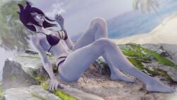 3dcg beach bikini blender cigarette league_of_legends long_nails morgana otaviox6 pink_eyes purple_bikini purple_hair smoking solo_female sunny tagme