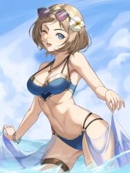 1girls alternate_costume ass_visible_through_thighs bikini blonde_hair blue_bikini blue_eyes blue_swimsuit breasts cloud commission female female_only fire_emblem fire_emblem_heroes flower hair_flower hair_ornament highres holding holding_clothes holding_skirt i_a_n jewelry kiran_(female)_(fire_emblem) kiran_(fire_emblem) light-skinned_female light_skin looking_at_viewer medium_breasts medium_hair navel necklace nintendo ocean one_eye_closed open_mouth second-party_source semi-transparent skirt smooth_skin solo sunglasses swimsuit thigh_strap water