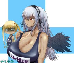 blonde_hair blue_eyes breast_envy breast_size_difference cleavage flat_chest huge_breasts itini-sanshi looking_at_another red_eyes rozen_maiden school_swimsuit shinku silver_hair sisters small_breasts suigintou swimsuit tan_body upper_body wings