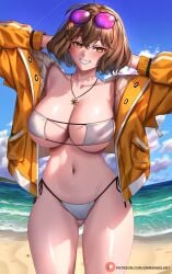 1girls anis_(nikke) anis_(sparkling_summer)_(nikke) beach bikini breasts brown_eyes brown_hair cleavage enmanuelart20 eyepatch_bikini female goddess_of_victory:_nikke hips huge_breasts light-skinned_female light_skin outdoors short_hair smile thick_thighs thighs wide_hips