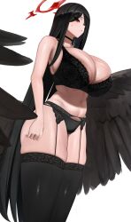 1girls 2023 areola_slip areolae black_bra black_feathers black_hair black_panties blue_archive blush bra breasts bursting_breasts choker cleavage eyebrows_visible_through_hair eyes_visible_through_hair feathered_wings feathers female female_only garter_belt halo hasumi_(blue_archive) highres huge_breasts justice_task_force_(blue_archive) large_areolae lingerie long_hair navel panties pubic_hair pubic_hair_peek red_eyes senju_(snz0) simple_background skindentation solo standing sweat sweatdrop thick_thighs thighhighs thighs trinity_general_school_student underwear underwear_only very_long_hair white_background wings