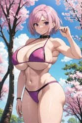 ai_generated big_breasts bikini breasts collar huge_breasts pink_hair purple_bikini purple_eyes purple_panties sakura_tree short_hair thick thick_thighs toned young