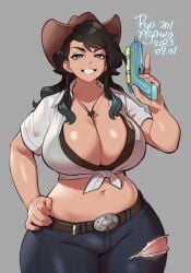 1girls breasts cleavage cowboy_hat cowgirl hand_on_hip hat huge_breasts jeans original original_character ryo_agawa sheriff smile solo tagme torn_clothes water_gun