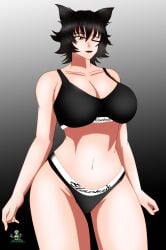 1girls big_breasts black_hair black_lips black_lipstick blacked blacked_clothing cat_ears cleavage clothed clothing cursive dark_hair faunus female female_only kali_belladonna kemonomimi milf mother neko nekomimi noir-black-shooter qos queen_of_spades rwby short_hair solo sports_bra sportswear tanned_skin thick_thighs thighs underwear wink yellow_eyes