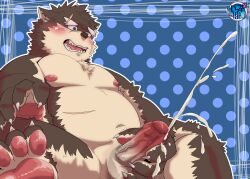 anthro balls belly blush bodily_fluids brown_body brown_fur canid canine canis cum domestic_dog erection eyebrows fur gay genital_fluids genitals hi_res issak2 lifewonders male mammal masturbation moritaka navel nipples nude orgasm overweight pawpads penis scar solo thick_eyebrows tokyo_afterschool_summoners