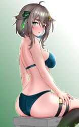 1girls ass back_view blush bra brown_hair female_only hecshadowartof heterochromia highres latam_virtual_youtuber looking_back meica short_hair simple_background sitting thighhighs thong virtual_youtuber vtuber vtuberfanart