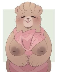 1girls anotherbearsimp anthro apron apron_aside apron_only areola bear bear_and_breakfast biped blush border breasts brown_body brown_fur closed_eyes closed_eyes female female_only fur furry hi_res inverted_nipples mammal mature mature_female nipples open_mouth simple_background smile smiling solo white_border