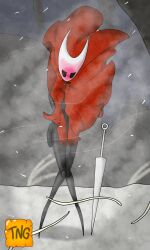 annoyed anthro arthropod cloak cloak_only clothing dress embarrassed female hi_res hollow_knight hornet_(hollow_knight) hybrid insects nail_(weapon) solo team_cherry the_nameless_guy wind wind_lift