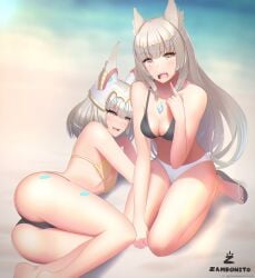 2girls ass bikini breasts cat_ears catgirl core_crystal fangs female female_only grey_hair medium_breasts mio_(xenoblade) nia nia_(xenoblade) nintendo small_breasts swimsuit thighs xenoblade_(series) xenoblade_chronicles_3 yellow_eyes zambonito