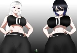 2girls adidas akinama_family_(noir-black-shooter) big_breasts black_lipstick dark_blue_hair daughter glasses huge_breasts long_hair medium_support_(meme) milf mother mother_and_daughter naoki_akinama_(noir-black-shooter) noir-black-shooter oc original original_character original_characters purple_hair reika_akinama_(noir-black-shooter) short_hair silver_hair sports_bra sportswear sunglasses