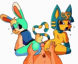 1girls 2boys animal_crossing ankha ankha_(animal_crossing) anthro assjob average_sized_penis bi bisexual bunny buttjob collaborative_sex double_buttjob feline hot_dogging human human_on_anthro nintendo partially_clothed_male sasha_(animal_crossing) sex threesome