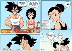 1boy 2girls annoyed_expression bardock chichi comic cooking dragon_ball dragon_ball_super dragon_ball_z end_page english_text female funsexydragonball gine part_2 pink_bikini swimsuit