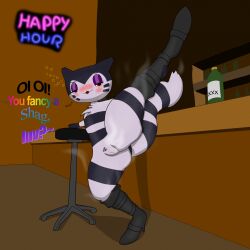 alcohol anthro beverage blush boots boots_only clothing drunk female foot_fetish footwear footwear_only fur furret generation_2_pokemon genitals hi_res mostly_nude musk nintendo pawpads paws pokemon pokemon_(species) pussy raised_leg red_eyes solo stool_(chair) striped_body striped_fur stripes substance_intoxication tesla_arts tesla_furret