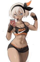 1girls bea_(pokemon) blue_eyes chocolate dark-skinned_female fingerless_gloves flexing gloves grey_hair gym_clothes gym_uniform hairband looking_at_viewer nike_logo nintendo phone pokemon pokemon_ss rakeemspoon selfie short_hair solo solo_female white_background wide_hips