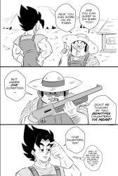 2boys black_and_white dragon_ball dragon_ball_super dragon_ball_z farm farmer funsexydragonball gun monochrome no_visible_genitalia vegetto vegito