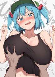 !? 1boy absurdres black_tank_top blue_eyes blue_hair blush breasts cleavage commentary_request female flat_cap green_headwear groping hair_bobbles hair_ornament hat highres kawashiro_nitori large_breasts looking_at_viewer nagomian navel nitori_kawashiro open_mouth pov pov_hands short_hair solo_focus sweat tank_top teeth touhou translation_request two_side_up upper_body upper_teeth_only white_background