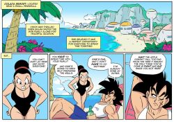 1boy 1girls bardock big_breasts chichi comic dragon_ball dragon_ball_super dragon_ball_z drink_in_hand english_text funsexydragonball laying_on_back ocean part_2 swimsuit