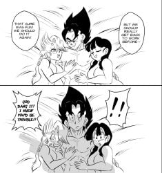 2boys 2girls abs barn big_ass big_breasts black_and_white blush bulma_briefs bulma_briefs_(post_saiyan_saga) chichi comic dragon_ball dragon_ball_super dragon_ball_z farmer farmer_with_a_shotgun ffm_threesome funsexydragonball gun monochrome satisfied shocked surprised threesome vegito