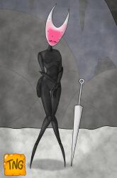 anthro arthropod black_body cavern embarrassed female fossil hi_res hollow_knight hornet_(hollow_knight) hybrid insects nail_(weapon) nude snow solo team_cherry the_nameless_guy white_head