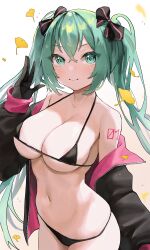 areola_slip autumn_leaves bare_shoulders belly_button big_breasts bikini black_bikini black_bow black_jacket blush bow breasts cleavage closed_mouth cowboy_shot falling_leaves female ginkgo_leaf gloves gradient_background green_eyes green_hair hairbow hand_up hatsune_miku highres jacket large_breasts leaf long_hair long_sleeves medium_breasts micro_bikini nakony navel number_tattoo off_shoulder open_clothes open_jacket shoulder_tattoo smile solo swimsuit tattoo twintails very_long_hair vocaloid white_background yellow_background