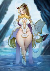 1girls belly_button blonde_hair detached_sleeves dragia3743 dragon_girl dragon_horns dragon_tail face_markings female female_only horn_ornament horns inner_sideboob light-skinned_female light_skin looking_at_viewer markings neuatong outside solo tail thai thai_female thick_thighs tiara tongue virtual_youtuber vtory water yellow_eyes yellow_nails