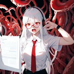 ai_generated eldritch_horror employee employee_uniform glasses headphones job nemus_waifu_generator original_character phone_call red_eyes shapeshifter stressed tentacle tie unsatisfied white_hair white_shirt