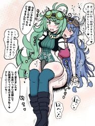 1futa 1girls alchemic_magician big_hips blue_hair bottomless breasts clothed clothing dialogue duel_monster duo erection_under_clothes female futa_on_female futanari goggles green_hair human japanese_text light-skinned_female light-skinned_futanari light_skin long_hair partially_clothed penis rolling_eyes sitting sitting_on_lap slacker_magician sweater tenting teriniku text thick_thighs thighjob translation_request wide_hips yu-gi-oh!