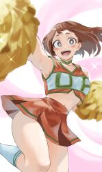 1girls brown_eyes brown_hair cheerleader clothed female furin0241 knee_socks kneehighs kneesocks light-skinned_female light_skin looking_at_viewer medium_breasts midriff my_hero_academia ochako_uraraka pom_poms smile socks thighs u.a._cheerleader_outfit white_socks