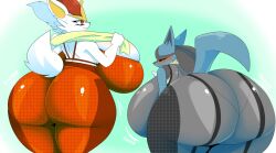 2girls anthro ass big_ass big_breasts blue_body blue_fur breasts canid canine canis cheek_tuft chest_spike cinderace eyes_closed facial_tuft female female_only fur generation_4_pokemon generation_8_pokemon huge_ass huge_breasts jackal lagomorph leporid lucario mammal multiple_girls nintendo pokemon pokemon_(species) rabbit spikes suit tail tan_body tan_fur thiccbuns thick_thighs towel tuft white_body white_fur wide_hips