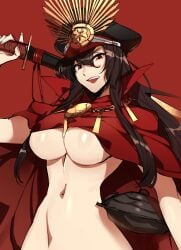 1girls black_hair breasts cape convenient_censoring fate/grand_order fate_(series) female hat koha-ace large_breasts long_hair looking_at_viewer military_hat navel nude oda_nobunaga_(fate) open_mouth out_of_frame red_background red_eyes rokuji smile solo underboob weapon