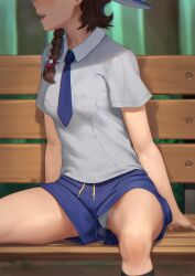 1girl 1girls 2020s 2023 absurdres ahe_gao anime beeeeen black_socks blue_bottomwear blue_tie blurry braid breast_pocket brown_hair collared_shirt commentary_request condom condom_wrapper depth_of_field digital_media_(artwork) facing_to_the_side female gym_shorts hair_over_shoulder hat head_out_of_frame highres juliana_(pokemon) kneehighs korean_commentary light-skinned_female light_skin love manga masturbation mixed-language_commentary musk musk_clouds necktie object_in_pocket open_mouth outdoors panties pantyshot pocket pokemon pokemon_(game) pokemon_sv public_indecency public_vibrator purple_necktie pussy_peek school_uniform sex_toy shirt short_shorts short_sleeves shorts single_braid sitting_on_bench smile socks solo solo_female spread_legs strong_tomboy_(spectrum) teenage_girl teenager tie tomboy underwear upshorts uva_academy_school_uniform vibrator vibrator_cord vibrator_under_clothes vibrator_under_panties video_game white_panties white_underwear