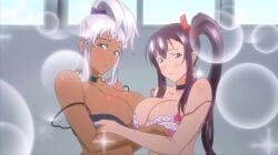 2girls akaza_chacha amaya_haruko animated big_breasts blush bouncing_breasts bra brown_hair dark-skinned_female dark_skin english_dialogue english_voice_acting female h-cup huge_breasts maken-ki! maken-ki!_two mind_control mp4 schoolgirl screencap sound student tagme undressing video voice_acted white_hair xebec