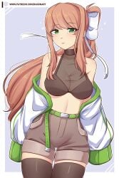 black_thighhighs brown_hair doki_doki_literature_club green_eyes hair_ornament jacket midriff monika_(doki_doki_literature_club) raionart shorts shoulders thigh_highs thighhighs thighs white_ribbon