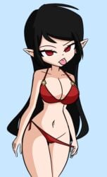 aviyne bikini bikini_bottom bikini_top black blue_background light_blue_background looking_at_viewer pointed_ears pointy_ears red_bikini red_bikini_bottom red_bikini_top red_eyes rosie_(aviyne) tagme tongue tongue_out