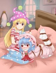 2girls bondage bondage bound bound_legs clownpiece damsel_in_distress did femdom gag gagged glaring kidnapped remilia_scarlet shuibilu touhou yuri