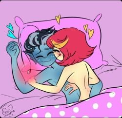 baxter_(hazbin_hotel) bed black_hair blush breasts candy_carcass closed_eyes cyclops demon demon_humanoid digital_media_(artwork) duo eyewear female fish furniture hair hazbin_hotel humanoid love lying male male/female marine niffty nude on_back on_bed red_hair romantic romantic_couple simple_background wholesome