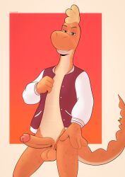 2021 4_fingers anthro artist_name balls border bottomless bottomless_anthro bottomless_male clothed clothing crayzee609 fingers genitals gradient_background hi_res jacket letterman_jacket lidded_eyes lizard male male_only penis reptile scalie simple_background solo teeth tito_lizzardo_(character) tito_lizzardo_and_catty_b topwear white_border