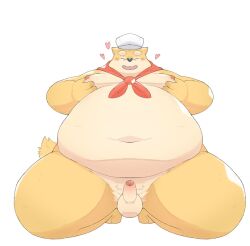 2023 anthro balls belly big_belly blush canid canine canis chef_hat closed_eyes clothing domestic_dog erection genitals ginsingoo1 hat headgear headwear heart kemono male male_only mammal moobs navel nipples obese obese_male overweight overweight_male penis small_penis solo