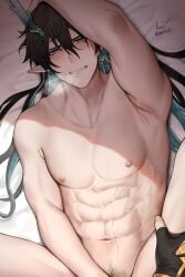 2boys abs asaifrit black_hair blue_highlights bottom_male bottomless caelus_(honkai:_star_rail) cum cum_on_body cum_splatter dan_heng dan_heng_(imbibitor_lunae) gay gay_sex happy_trail honkai:_star_rail horns male_only messy_hair muscular muscular_male pov_eye_contact pubic_hair rough_sex visible_breath yaoi