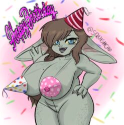 1girls big_ears birthday blue_eyes borrowed_character breasts brown_hair clothing confetti dress female female_only freckles functionally_nude goblin goblin_female green-skinned_female green_skin huge_ass huge_breasts nil_(imaginaricide) party_hat pussy shortstack solo squishcap_(artist) string_bikini tagme twitter_username useless_clothing wide_hips