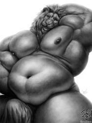 2023 anthro areola barazoku belly biceps big_belly big_muscles digital_media_(artwork) erection felid glistening glistening_eyes greyscale hi_res jugg4 lion low-angle_view male mammal mane monochrome musclegut muscular muscular_anthro muscular_male navel nipples one_eye_closed open_mouth open_smile overweight overweight_anthro overweight_male pantherine pecs simple_background smile solo teeth thick_thighs tongue white_background wink