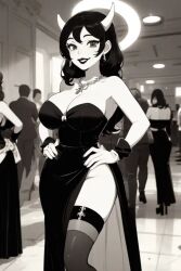 1girls ai_generated alice_angel angel ballroom bendy_and_the_ink_machine big_breasts black_dress black_hair black_lips black_lipstick cleavage crowded curvy curvy_body curvy_female curvy_figure dress female gloves grin grinning halo hand_on_hip lips lipstick long_dress long_hair monochrome necklace pixai smile smiling thick_thighs white_skin wide_hips