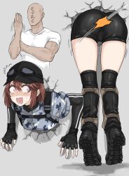 1boy 1girls ^^^ ass ass_slap boots character_request copyright_request faceless_male fuku_(fuku12290574) gloves goggles goggles_on_headwear hat highres jacket long_sleeves looking_back military military_hat military_jacket military_uniform open_mouth screaming short_hair spanking stuck stuck_in_wall sweat tagme tears through_wall tongue uniform wide_eyed