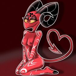 anthro barbie_wire breasts claws creamanif demon fangs female helluva_boss hi_res horn imp nipples nude red_body red_eyes simple_background smile solo tail tattoo teeth thick_thighs