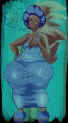 black_fur blue_dress bonnet bottom_heavy dialogue dress earrings fur furry looking_at_viewer pov pov_eye_contact pyredaemos slippers squigga squirrel squirrel_tail thick_thighs thighs wide_hips