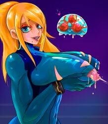 beauty_mark big_breasts blonde_hair bodysuit breasts holding_breast huge_breasts lactating lactation large_breasts lipstick looking_at_viewer massive_breasts metroid pepperoni_ravioli samus_aran solo spoken_heart torn_bodysuit torn_clothes wardrobe_malfunction zero_suit zero_suit_samus