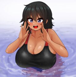 big_breasts black_hair blue_eyes himiko_(the_only_shoe) huge_boobs huge_breasts large_boobs large_breasts purple_eyes short_hair short_hair_female sparkle sparkles swimming tagme tan tan-skinned_female tan_body tan_skin tanned tanned_skin the_only_shoe water