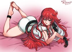 ankle_bracelets anklet anklewear bed bedroom bedroom_eyes gloves green_eyes guilty_gear jack-o'_valentine long_hair long_hair_female looking_at_viewer lying lying_down lying_on_bed lying_on_stomach minaqueenu red_hair seductive seductive_body seductive_eyes seductive_look seductive_pose seductive_smile